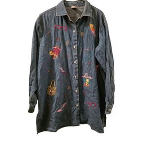 Vtg 90s Y2K Tweety Bird Embroidered Denim Shirt Long Sleeve Warner Brothers L